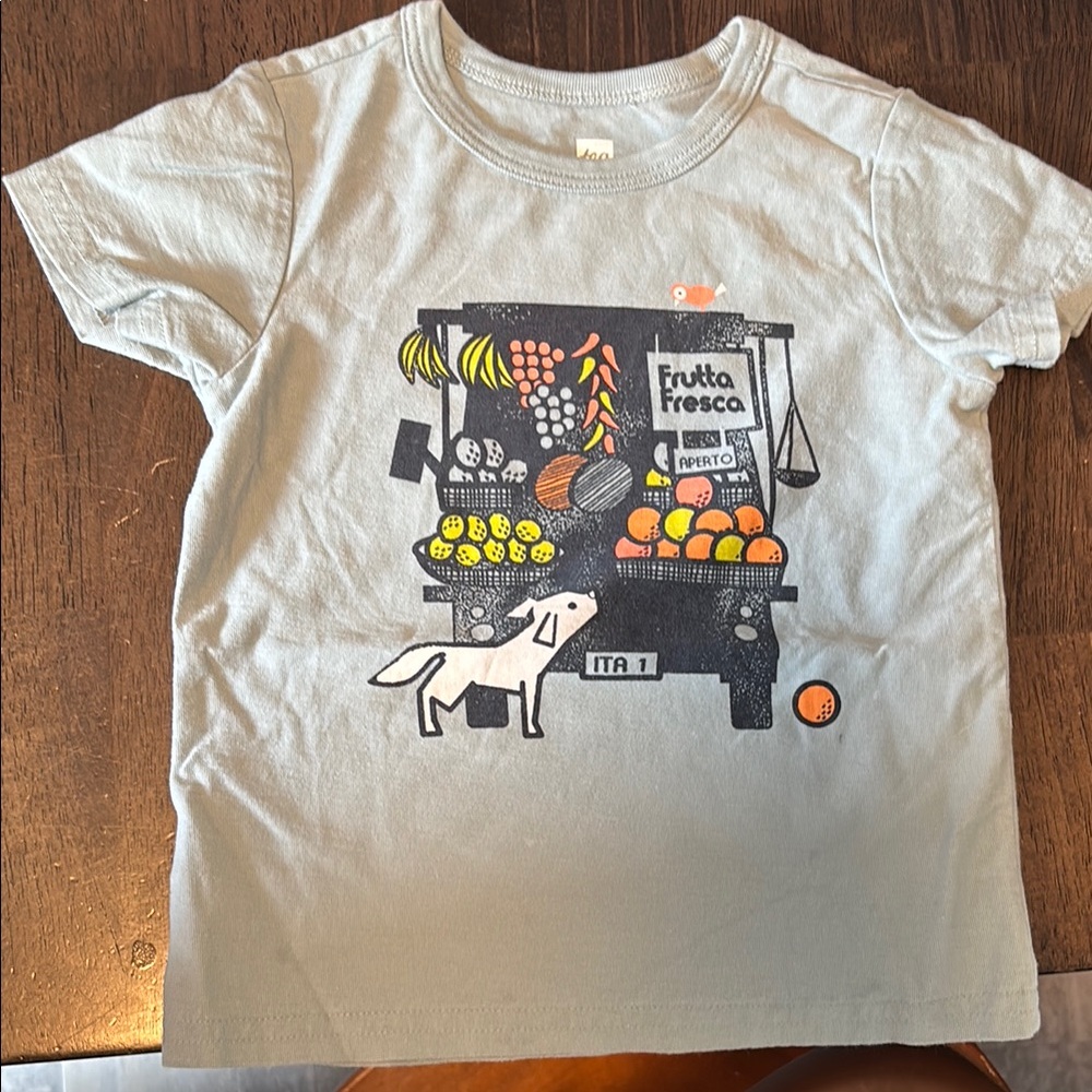 Tea Collection Light Gray T-Shirt with Fruit Cart Design